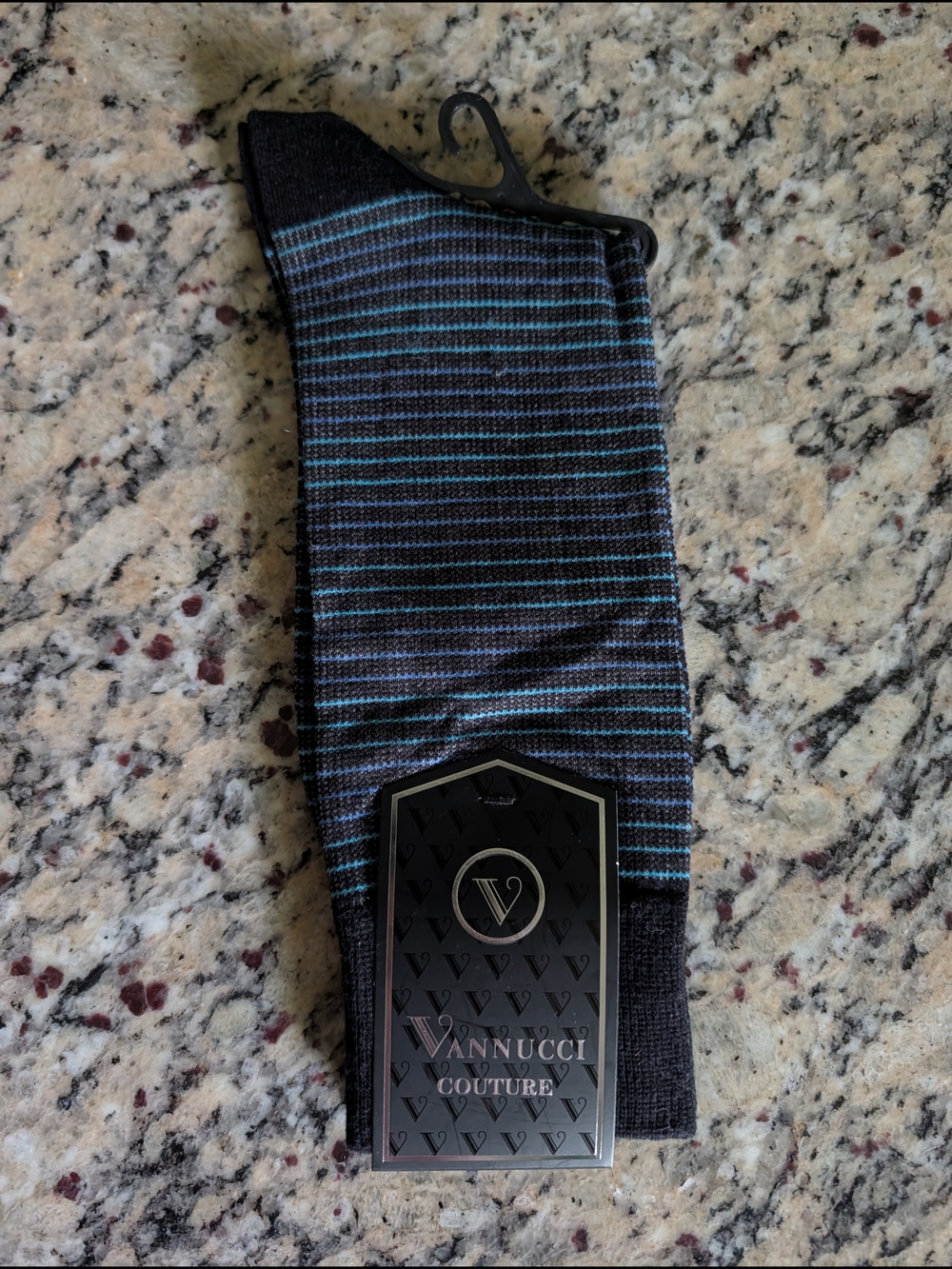 Vannucci Couture Men’s Black Socks with Blue Pinstripes